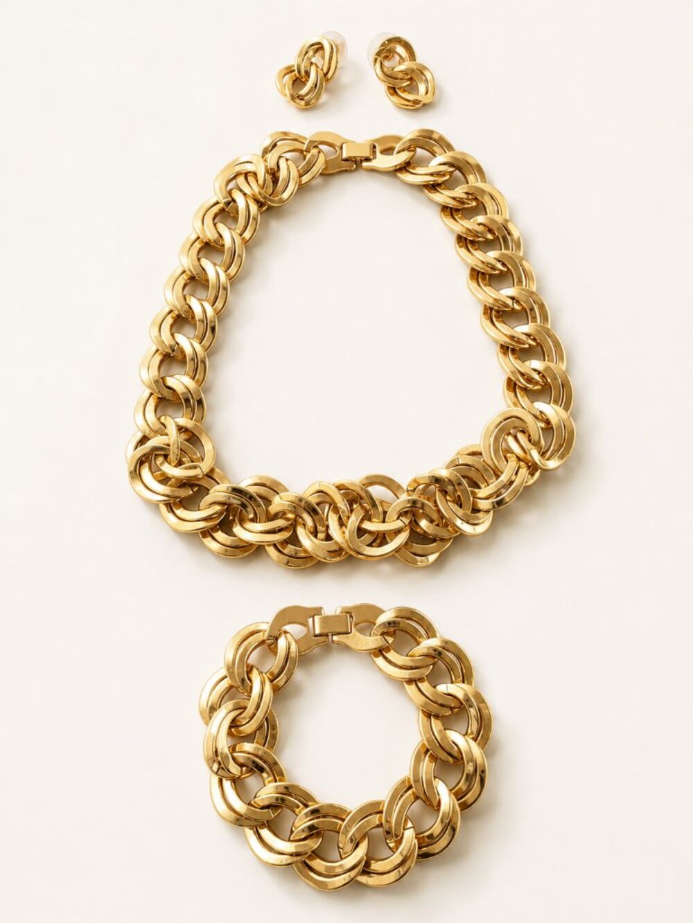 Vintage Gold Tone Link Necklace Bracelet Earrings Parure Set Statement Jewelry